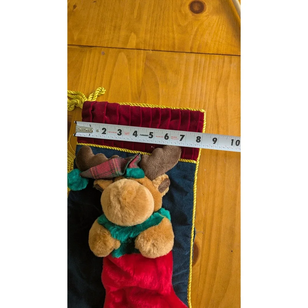 Navy Velvet Christmas Stocking with 3D Plush Moose Gold Tassels Burgundy Cuff